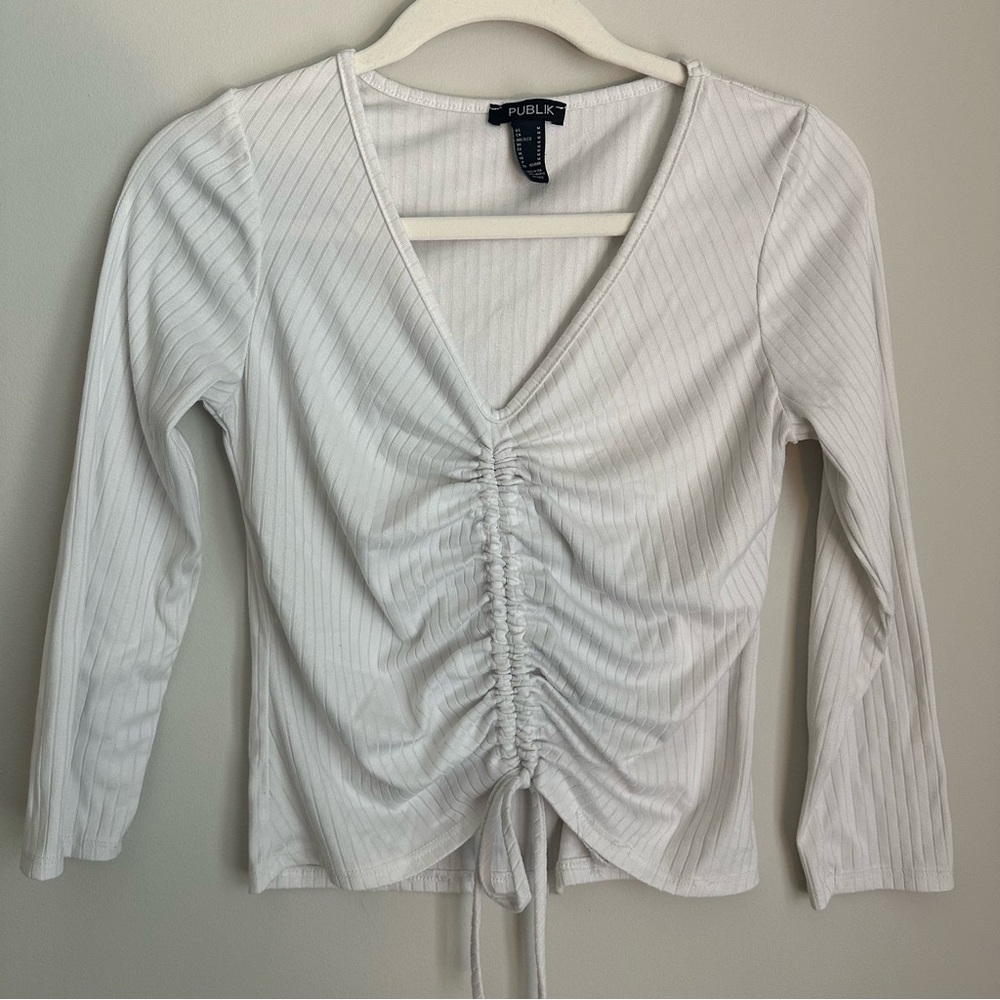 White Scrunch V-Neck Top